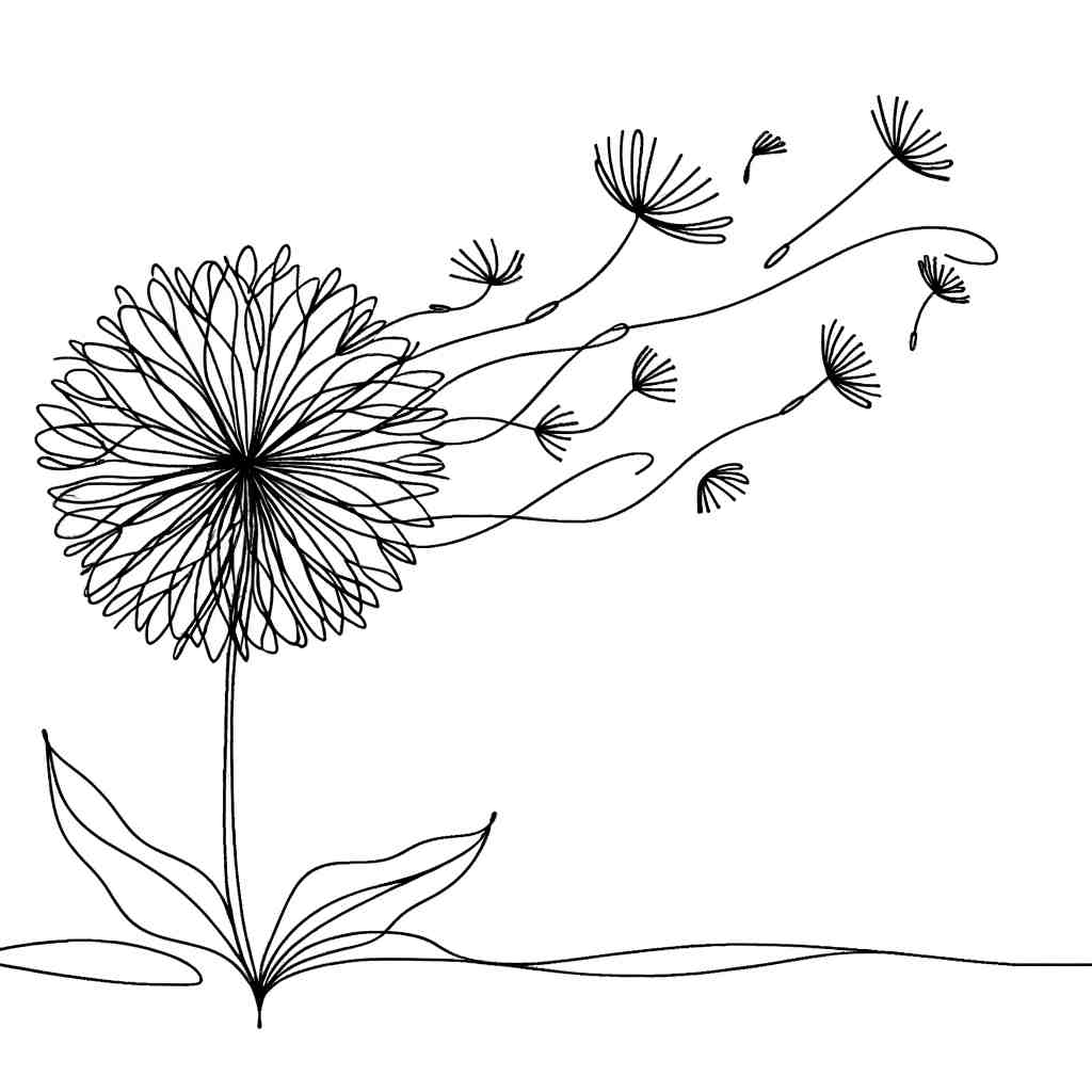 Serene Dance of Nature: Contour Line Drawing of a Dandelion - Wall Art Print