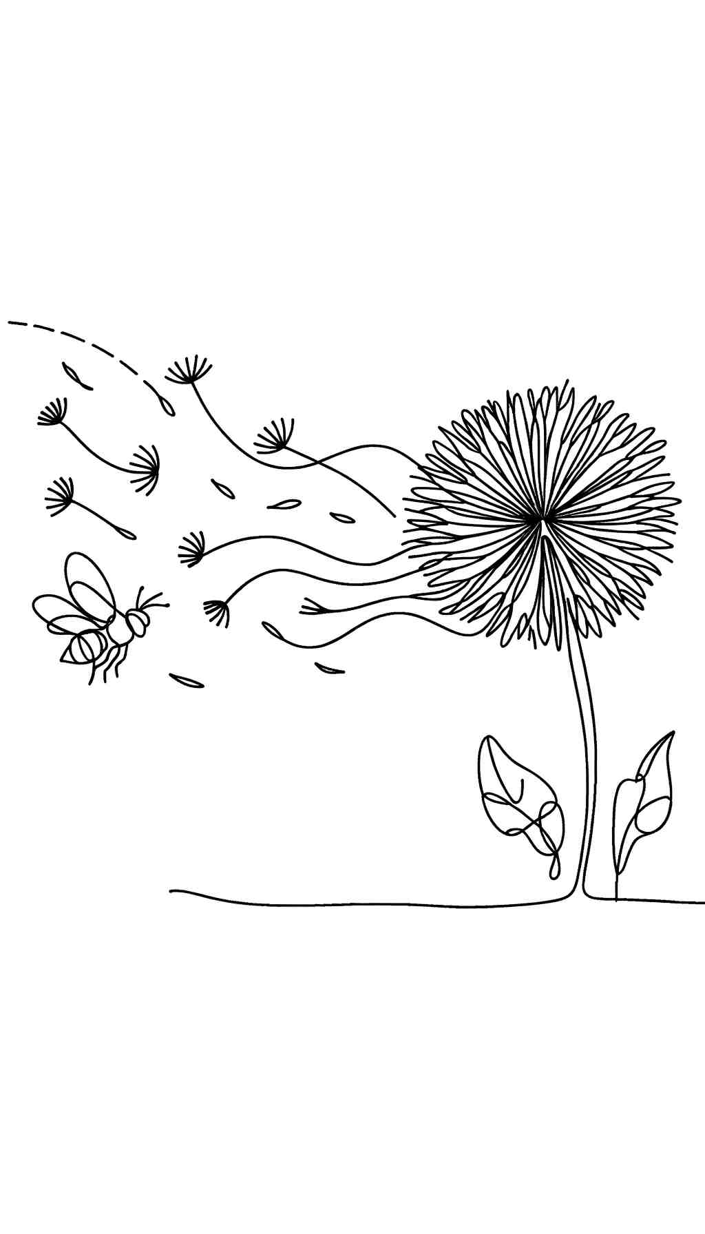 Contour Line Drawing: Dandelion and Bee in the Breeze - Wall Art Print