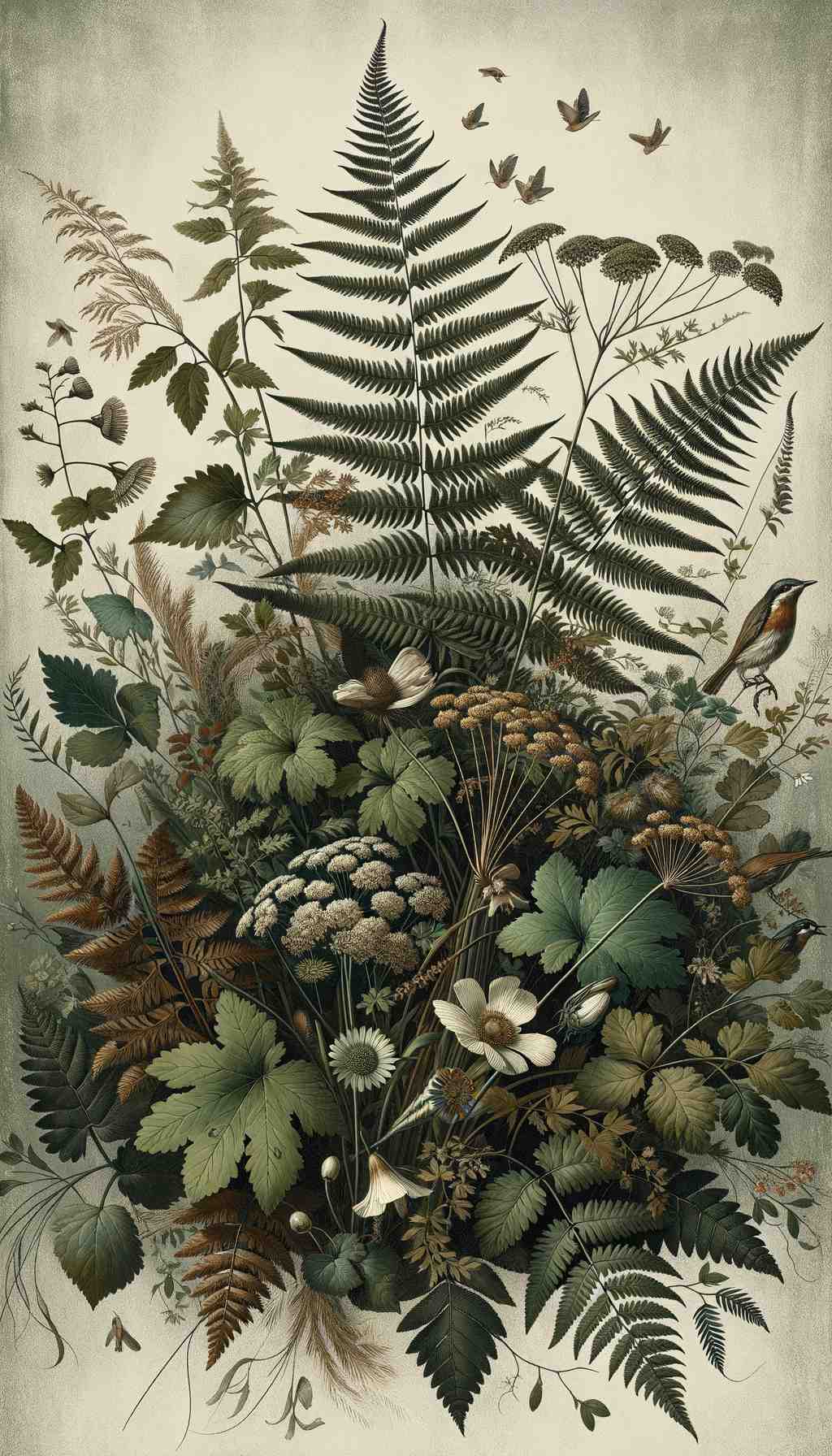 Vintage Botanical Beauty: A Fern and Wildflower Symphony - Wall Art Print