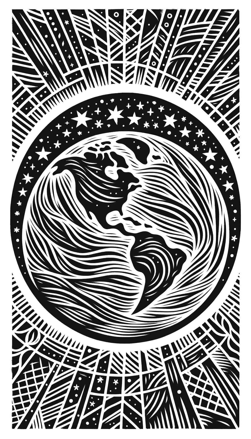 Title: Celestial Earth Linocut Print - Wall Art Print
