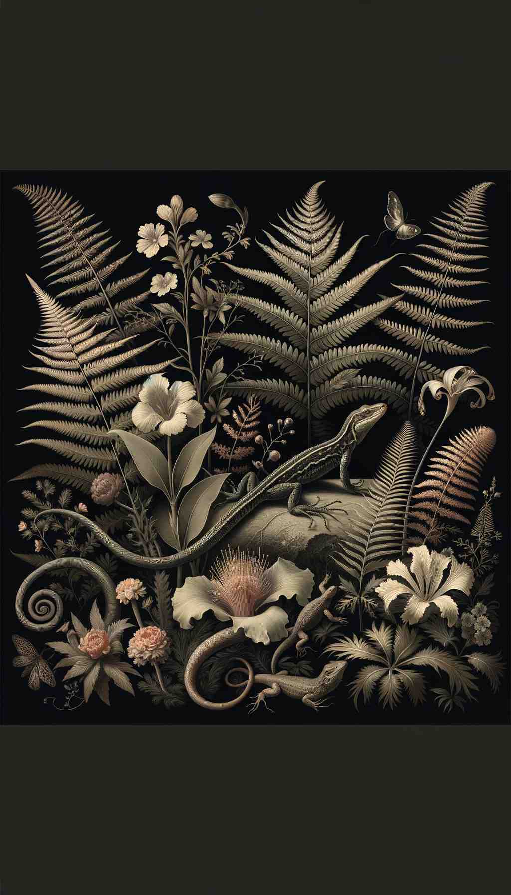 Lush Botanical Composition with Lizards - Wall Art Print